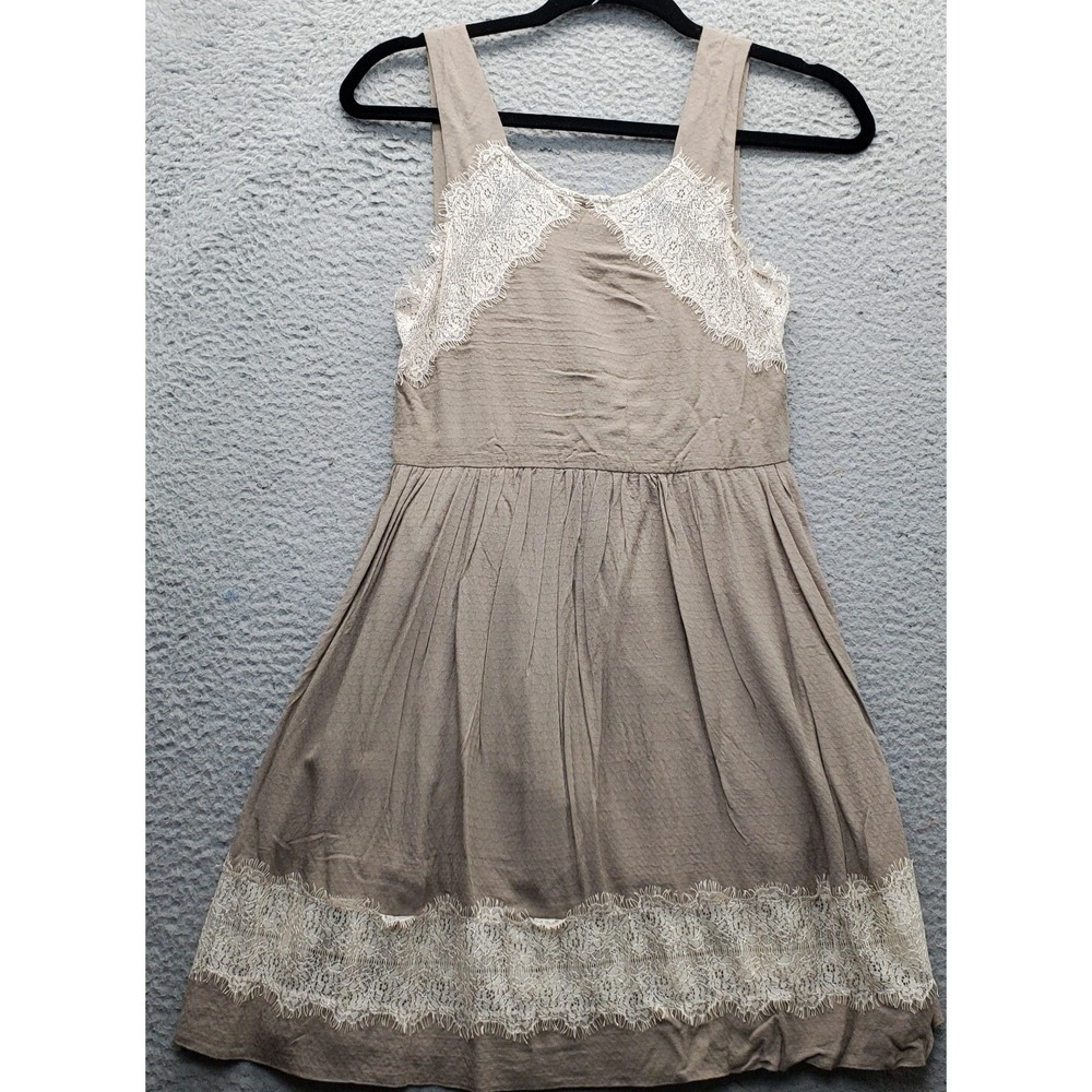 Free People Tank Dress Womens Size 0‎ Tan Lace Trim Lined Pleated Waist Side Zip